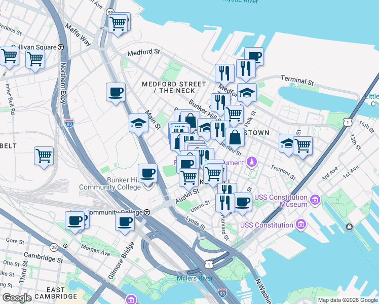 map of restaurants, bars, coffee shops, grocery stores, and more near 107 High Street in Boston