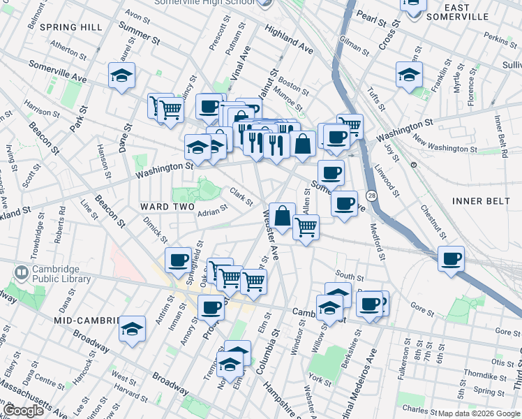 map of restaurants, bars, coffee shops, grocery stores, and more near in Somerville