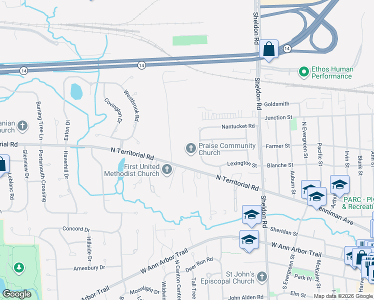 map of restaurants, bars, coffee shops, grocery stores, and more near 45000 North Territorial Road in Plymouth