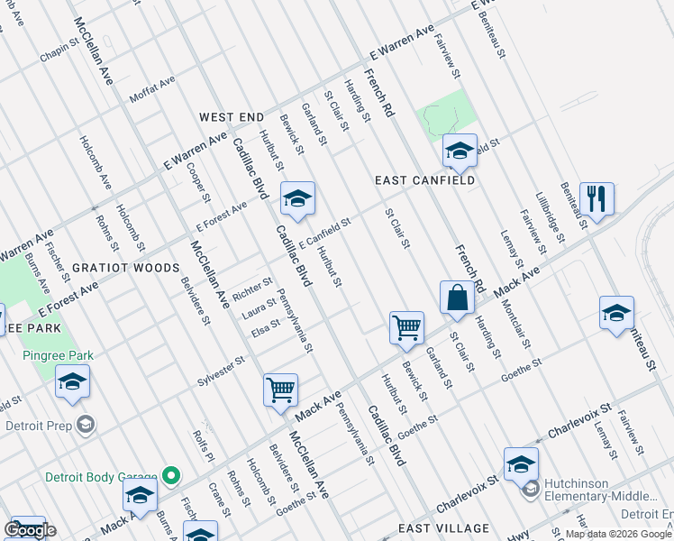 map of restaurants, bars, coffee shops, grocery stores, and more near 4238 Hurlbut Street in Detroit