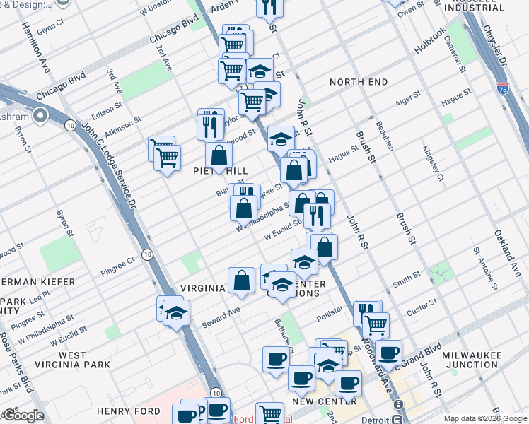 map of restaurants, bars, coffee shops, grocery stores, and more near 112 West Philadelphia Street in Detroit