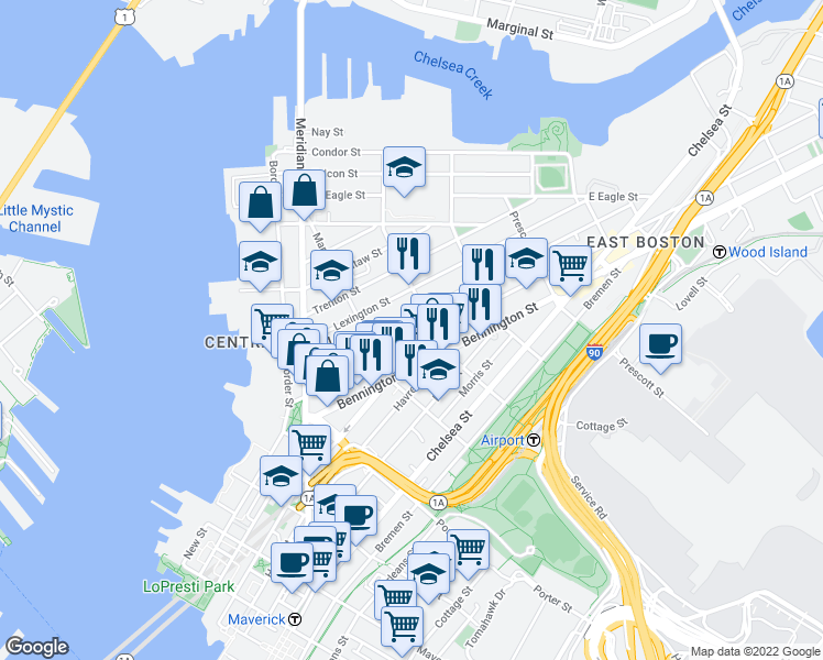 map of restaurants, bars, coffee shops, grocery stores, and more near 152 Saratoga Street in Boston
