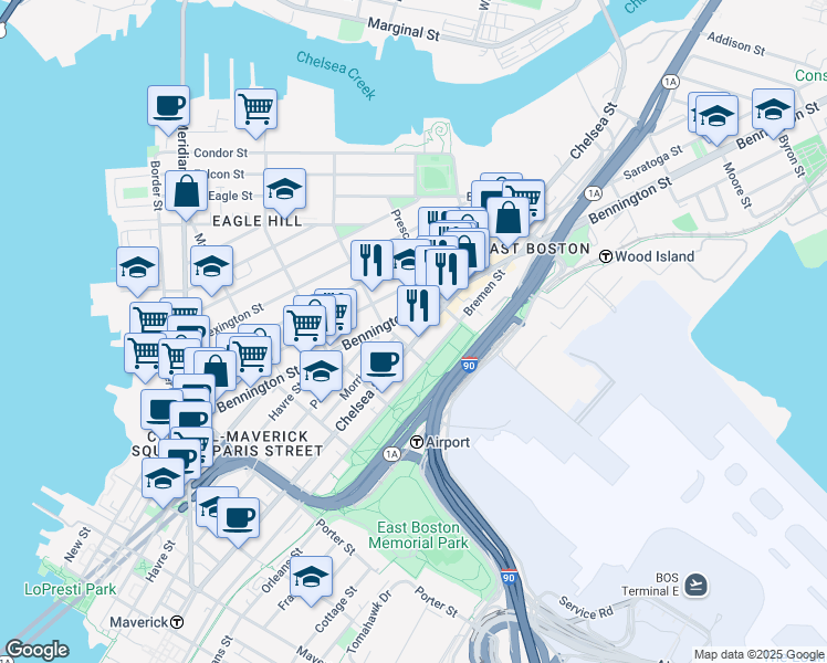map of restaurants, bars, coffee shops, grocery stores, and more near 326 Chelsea Street in Boston
