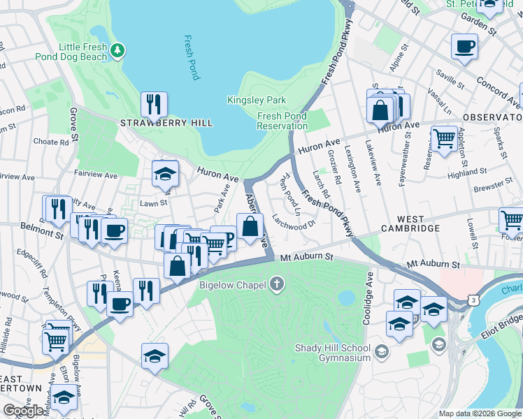 map of restaurants, bars, coffee shops, grocery stores, and more near 99 Aberdeen Avenue in Cambridge