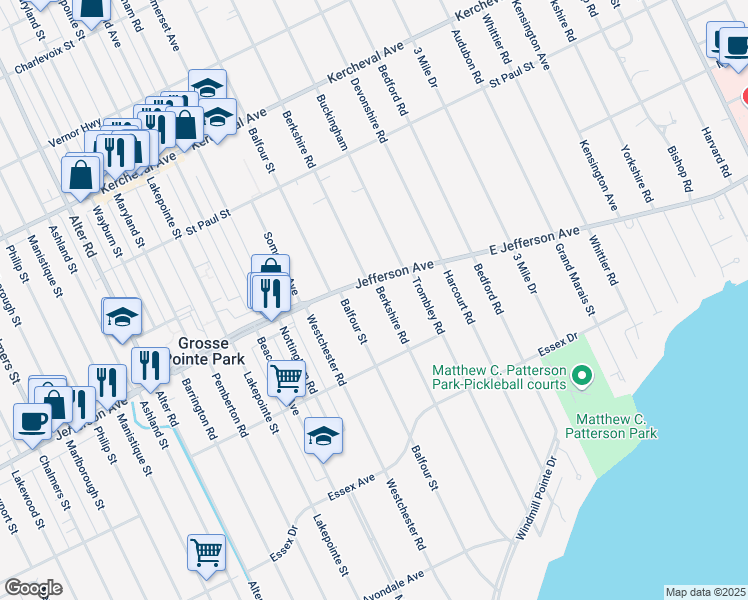 map of restaurants, bars, coffee shops, grocery stores, and more near 977 Berkshire Road in Grosse Pointe Park