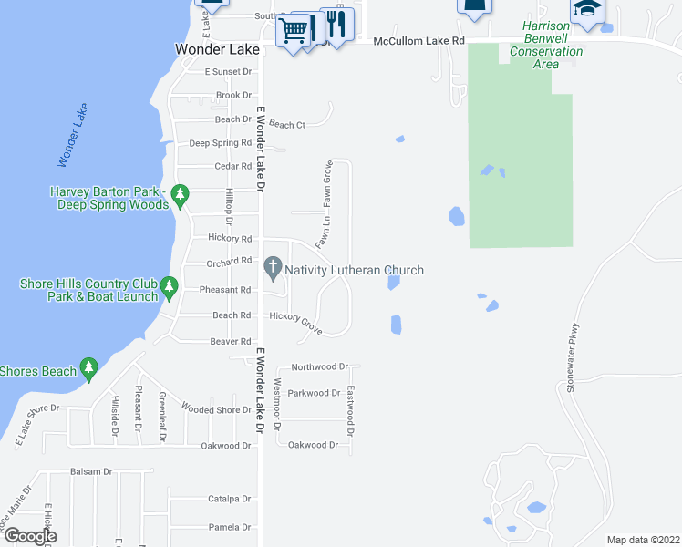 map of restaurants, bars, coffee shops, grocery stores, and more near Fawn Lane & Hickory Trail in Wonder Lake