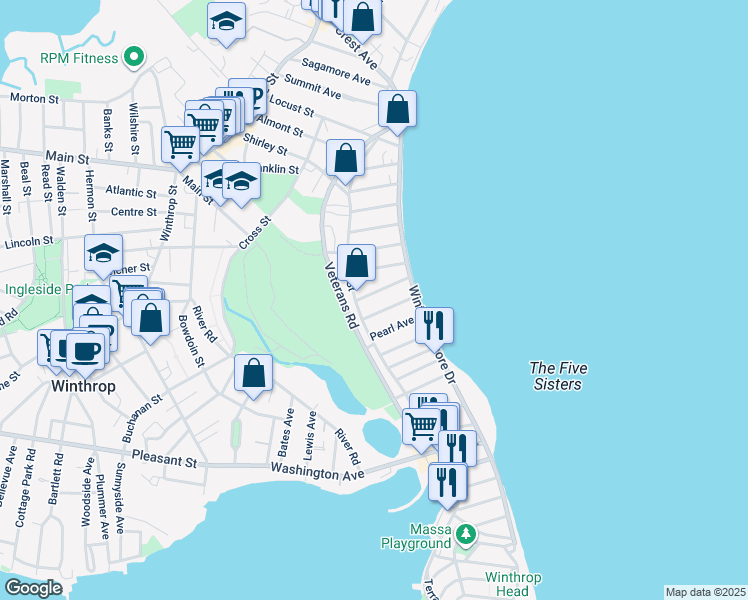map of restaurants, bars, coffee shops, grocery stores, and more near 26 Seafoam Avenue in Winthrop