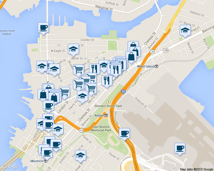 map of restaurants, bars, coffee shops, grocery stores, and more near 216 Bennington Street in Boston