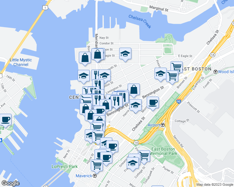 map of restaurants, bars, coffee shops, grocery stores, and more near in Boston