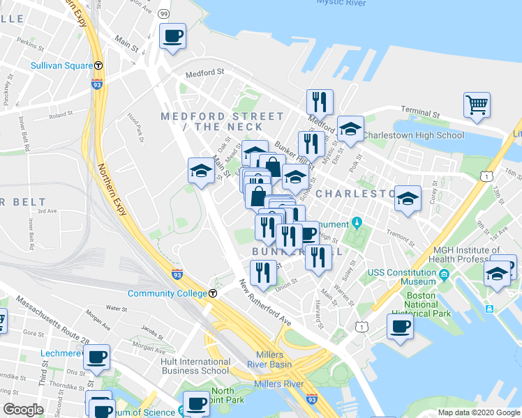 map of restaurants, bars, coffee shops, grocery stores, and more near 14 Sullivan Street in Boston