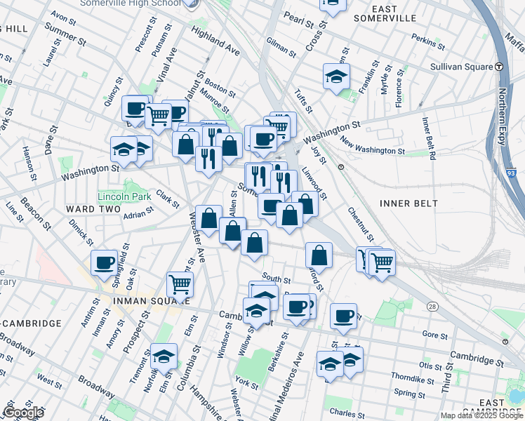 map of restaurants, bars, coffee shops, grocery stores, and more near 03 Rossmore Street in Somerville