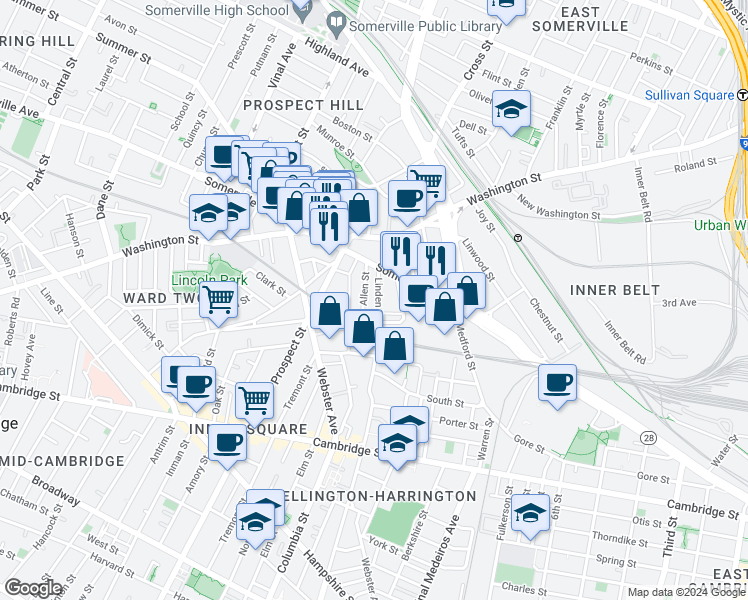 map of restaurants, bars, coffee shops, grocery stores, and more near 12 Linden Street in Somerville