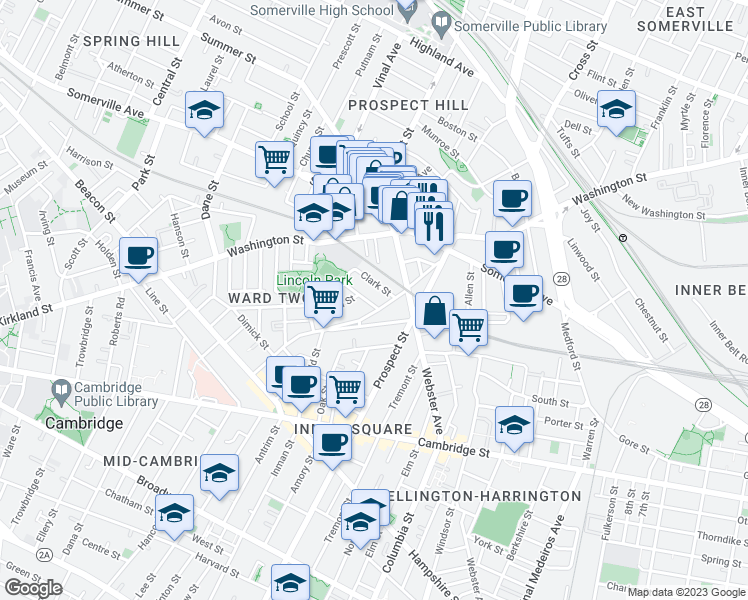 map of restaurants, bars, coffee shops, grocery stores, and more near 17 Clark Street in Somerville