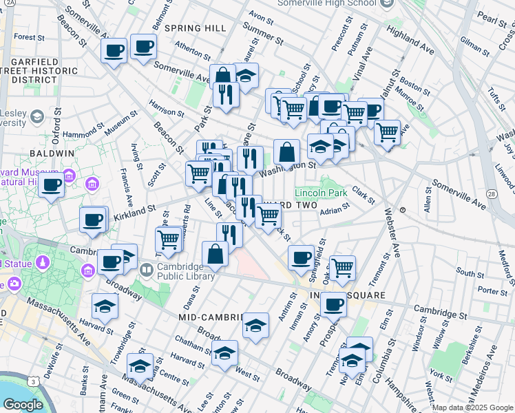 map of restaurants, bars, coffee shops, grocery stores, and more near 24 Beacon Place in Somerville