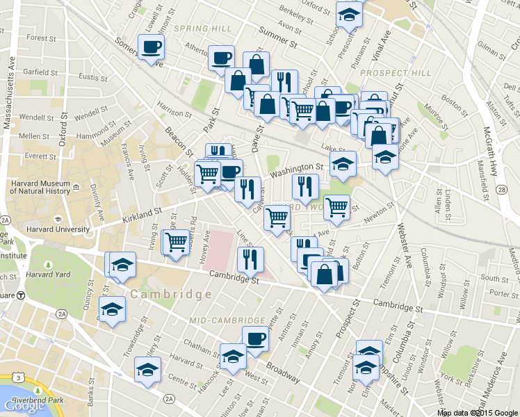 map of restaurants, bars, coffee shops, grocery stores, and more near 24 Beacon Place in Somerville
