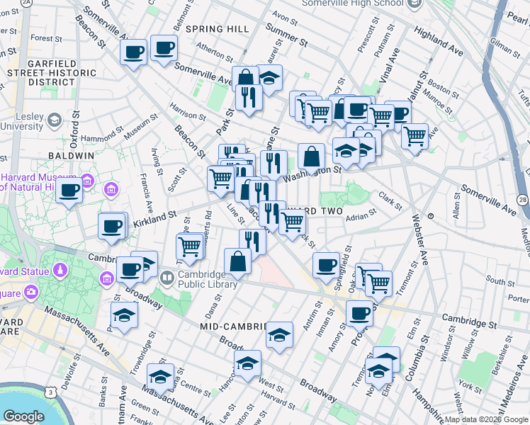 map of restaurants, bars, coffee shops, grocery stores, and more near 24 Beacon Place in Somerville