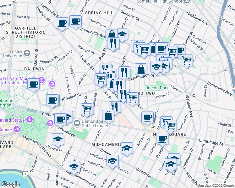 map of restaurants, bars, coffee shops, grocery stores, and more near 24 Beacon Place in Somerville