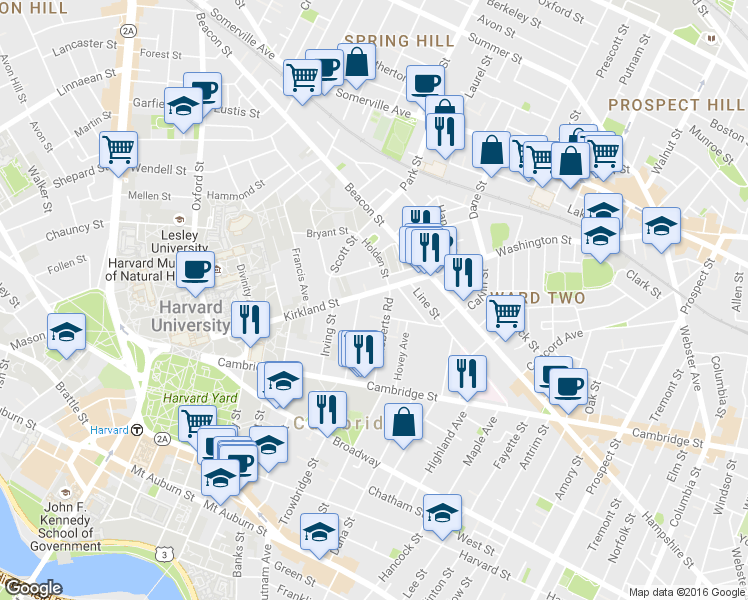 map of restaurants, bars, coffee shops, grocery stores, and more near in Cambridge