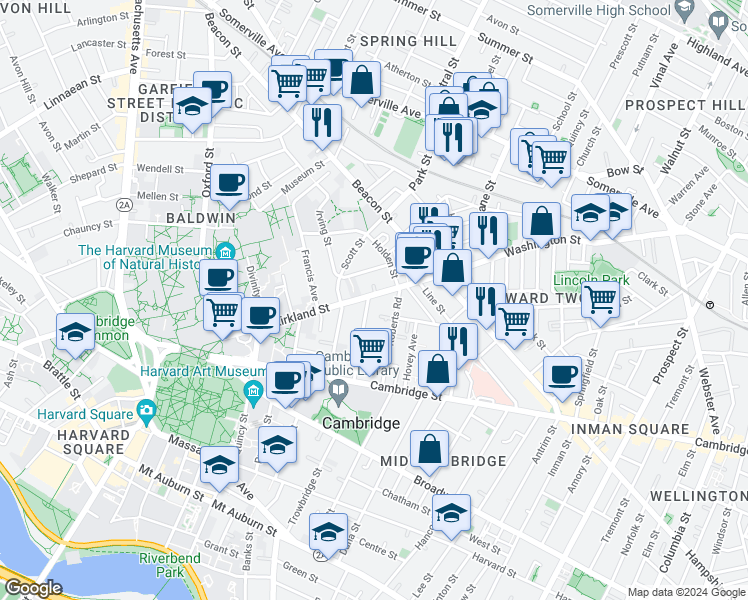 map of restaurants, bars, coffee shops, grocery stores, and more near in Cambridge