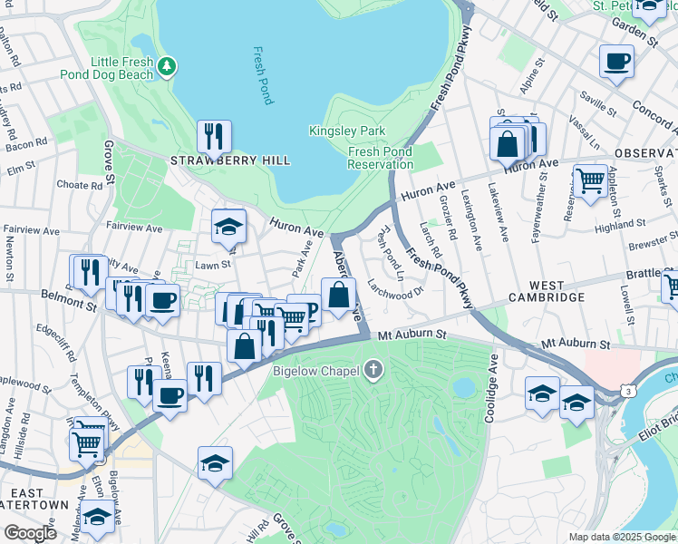 map of restaurants, bars, coffee shops, grocery stores, and more near 99 Aberdeen Avenue in Cambridge