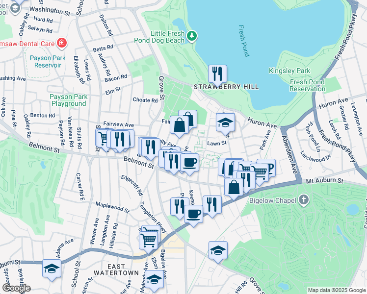 map of restaurants, bars, coffee shops, grocery stores, and more near 71 Oxford Circle in Belmont
