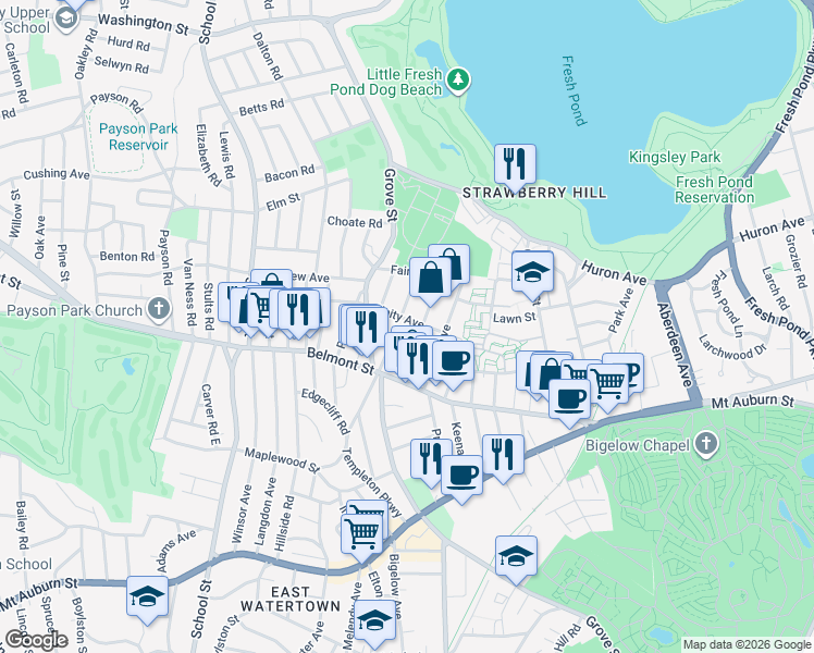 map of restaurants, bars, coffee shops, grocery stores, and more near 53 Dartmouth Street in Belmont