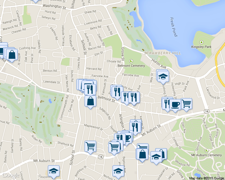 map of restaurants, bars, coffee shops, grocery stores, and more near 74 Unity Avenue in Belmont