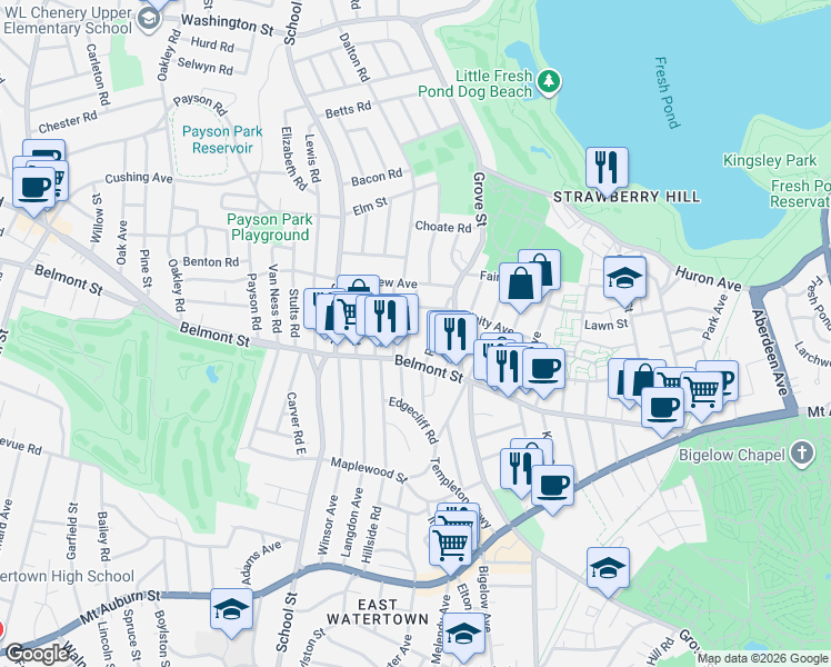 map of restaurants, bars, coffee shops, grocery stores, and more near 74 Unity Avenue in Belmont