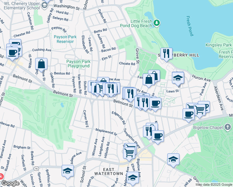 map of restaurants, bars, coffee shops, grocery stores, and more near 32 Springfield Street in Belmont
