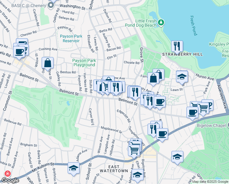 map of restaurants, bars, coffee shops, grocery stores, and more near 32 Springfield Street in Belmont