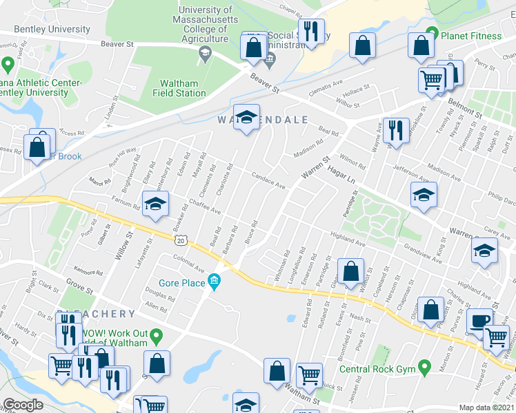 map of restaurants, bars, coffee shops, grocery stores, and more near 93 Barbara Road in Waltham