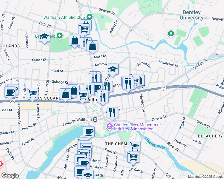 map of restaurants, bars, coffee shops, grocery stores, and more near 64 School Street in Waltham
