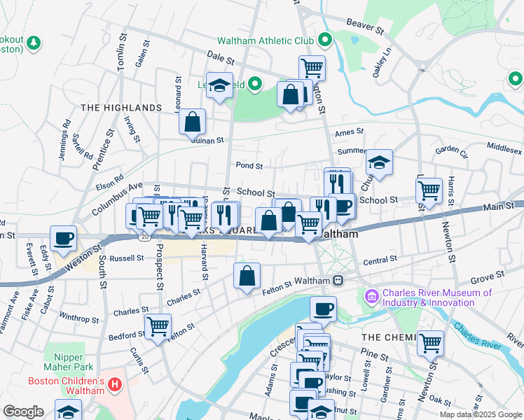 map of restaurants, bars, coffee shops, grocery stores, and more near 228R School Street in Waltham