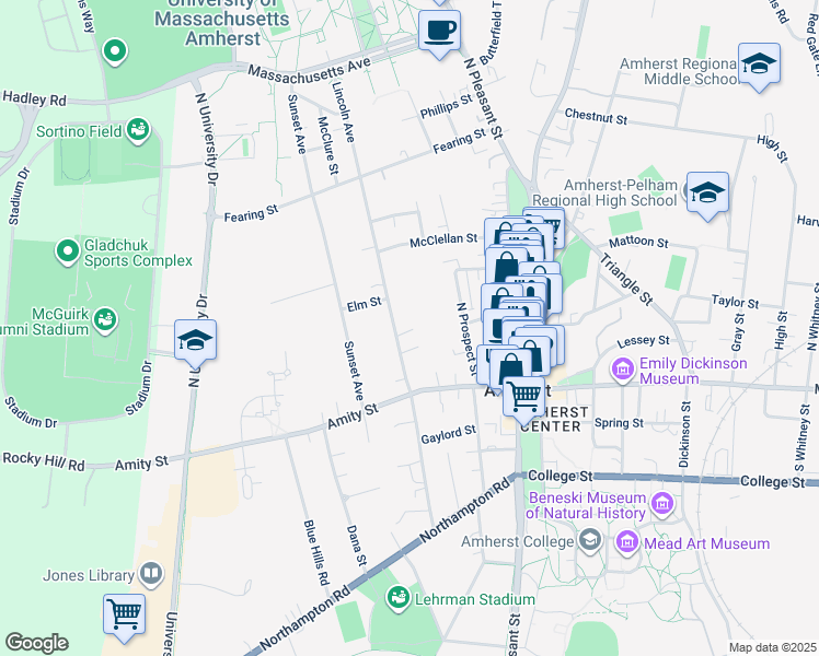 map of restaurants, bars, coffee shops, grocery stores, and more near 62 N Prospect St in Amherst