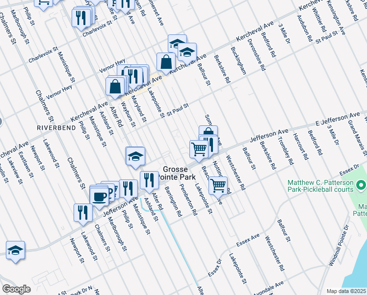 map of restaurants, bars, coffee shops, grocery stores, and more near 1029 Beaconsfield Avenue in Grosse Pointe Park