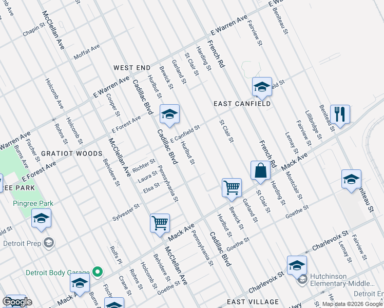 map of restaurants, bars, coffee shops, grocery stores, and more near 4238 Hurlbut Street in Detroit