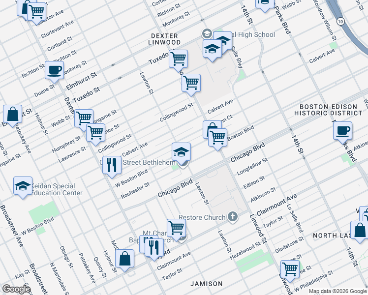 map of restaurants, bars, coffee shops, grocery stores, and more near 2750 Glynn Court in Detroit
