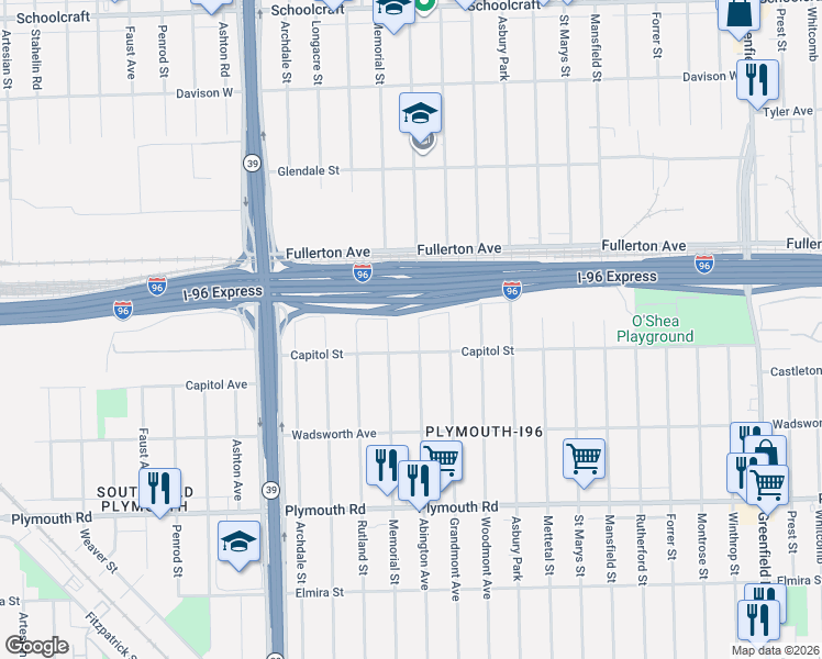 map of restaurants, bars, coffee shops, grocery stores, and more near 12260 Abington Avenue in Detroit