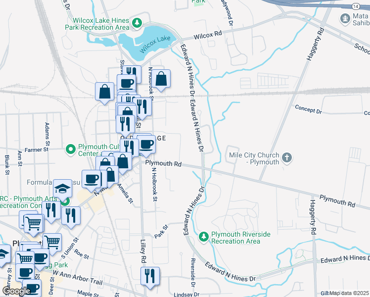 map of restaurants, bars, coffee shops, grocery stores, and more near 311 Plymouth Road in Plymouth
