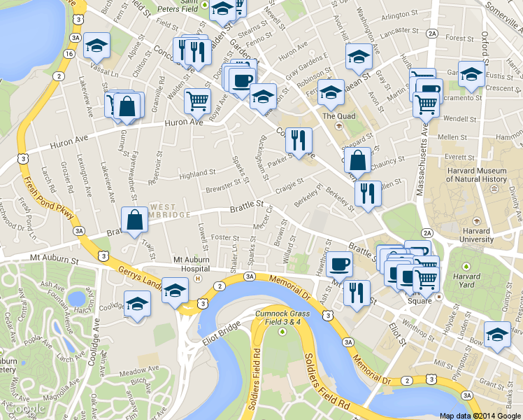 map of restaurants, bars, coffee shops, grocery stores, and more near 134 Brattle Street in Cambridge