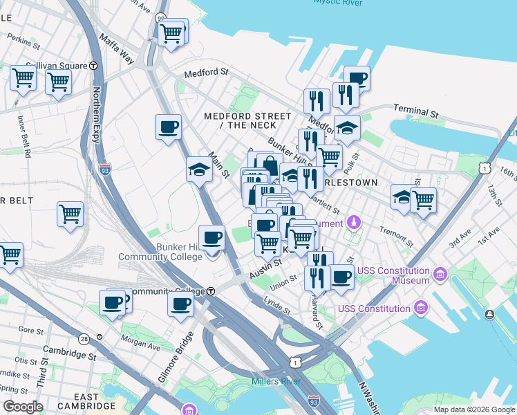 map of restaurants, bars, coffee shops, grocery stores, and more near 14 Sullivan Street in Boston