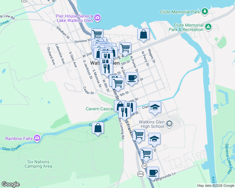 map of restaurants, bars, coffee shops, grocery stores, and more near 513 North Franklin Street in Watkins Glen