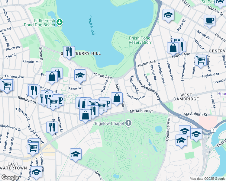 map of restaurants, bars, coffee shops, grocery stores, and more near 1 Aberdeen Way in Mid-Cambridge