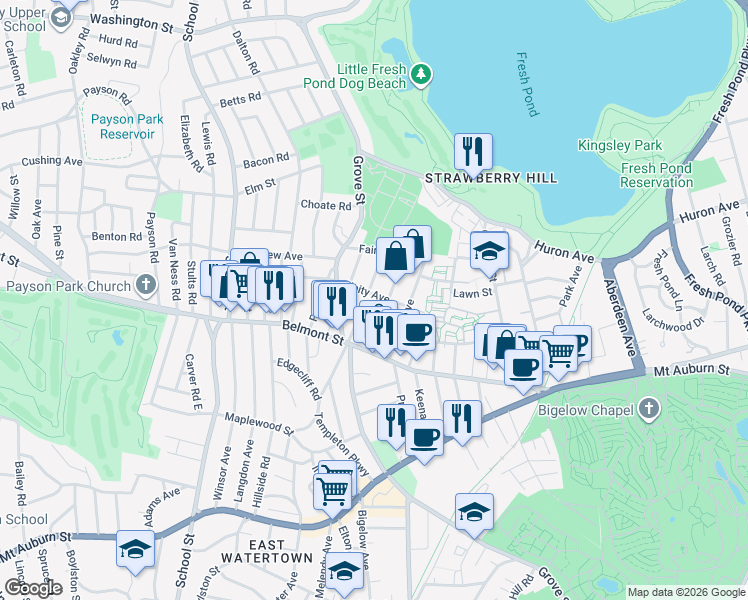map of restaurants, bars, coffee shops, grocery stores, and more near 53 Dartmouth Street in Belmont