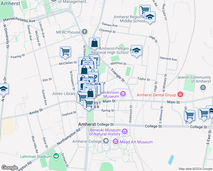 map of restaurants, bars, coffee shops, grocery stores, and more near 24 Tyler Place in Amherst