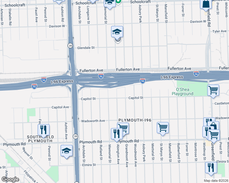 map of restaurants, bars, coffee shops, grocery stores, and more near 12260 Abington Avenue in Detroit