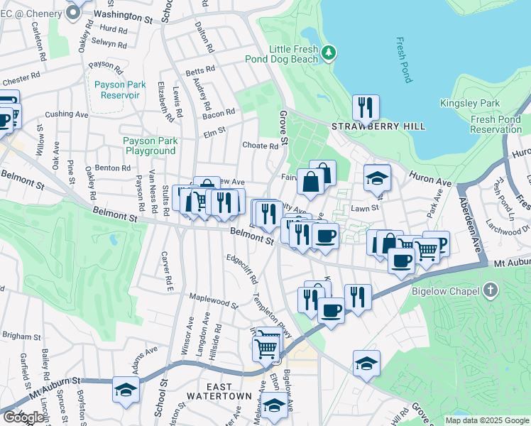 map of restaurants, bars, coffee shops, grocery stores, and more near 28 Grove Street in Belmont