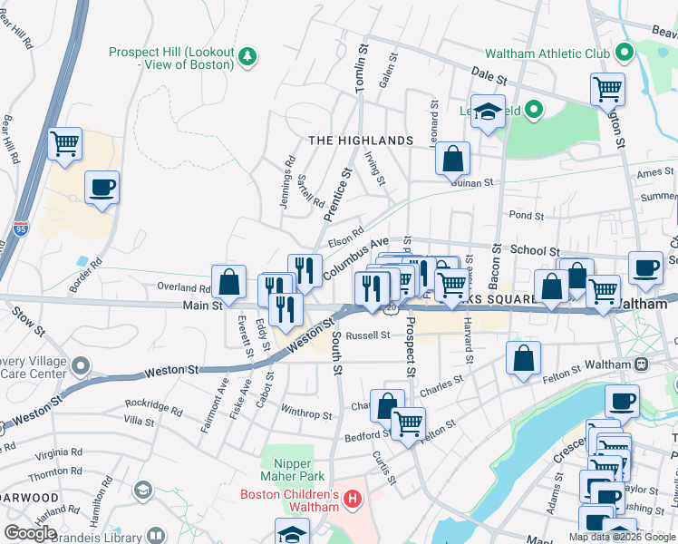 map of restaurants, bars, coffee shops, grocery stores, and more near 69 Columbus Avenue in Waltham