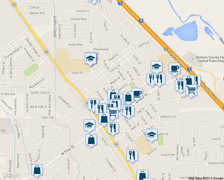 map of restaurants, bars, coffee shops, grocery stores, and more near 225 North 4th Street in Central Point