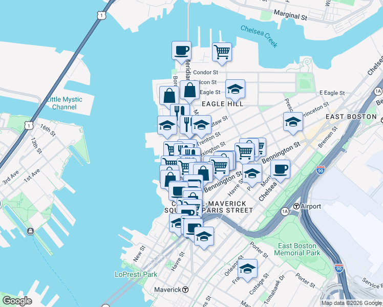 map of restaurants, bars, coffee shops, grocery stores, and more near 7 Trenton Street in Boston